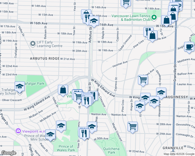 map of restaurants, bars, coffee shops, grocery stores, and more near in Vancouver