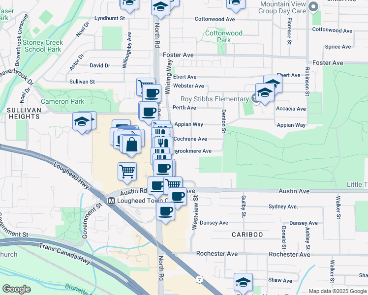 map of restaurants, bars, coffee shops, grocery stores, and more near 529 Brookmere Avenue in Coquitlam