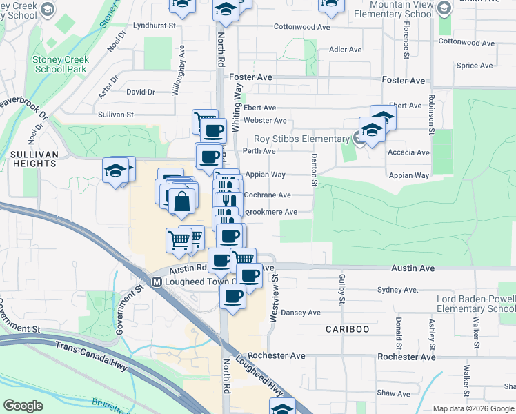 map of restaurants, bars, coffee shops, grocery stores, and more near 529 Brookmere Avenue in Coquitlam