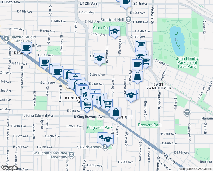 map of restaurants, bars, coffee shops, grocery stores, and more near 3708 Dumfries Street in Vancouver