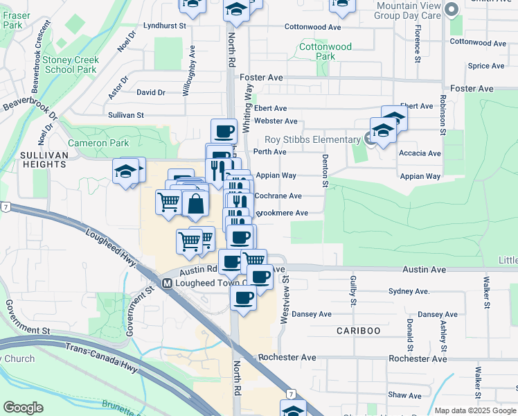 map of restaurants, bars, coffee shops, grocery stores, and more near 521 Brookmere Avenue in Coquitlam