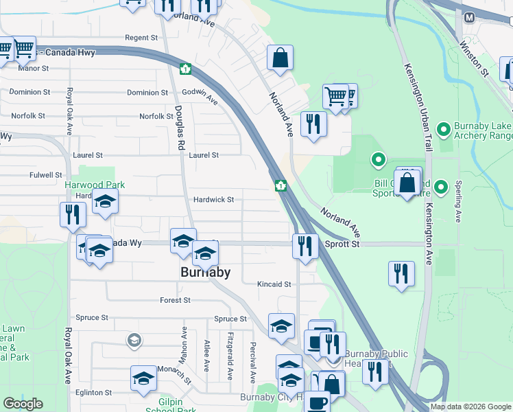 map of restaurants, bars, coffee shops, grocery stores, and more near 5956 Hardwick Street in Burnaby