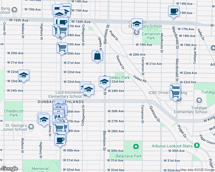 map of restaurants, bars, coffee shops, grocery stores, and more near 3944 Blenheim Street in Vancouver