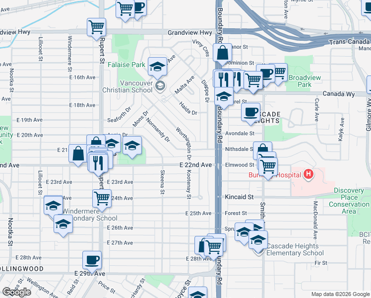 map of restaurants, bars, coffee shops, grocery stores, and more near Normandy Drive in Vancouver