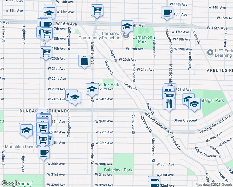 map of restaurants, bars, coffee shops, grocery stores, and more near 3178 West 23rd Avenue in Vancouver