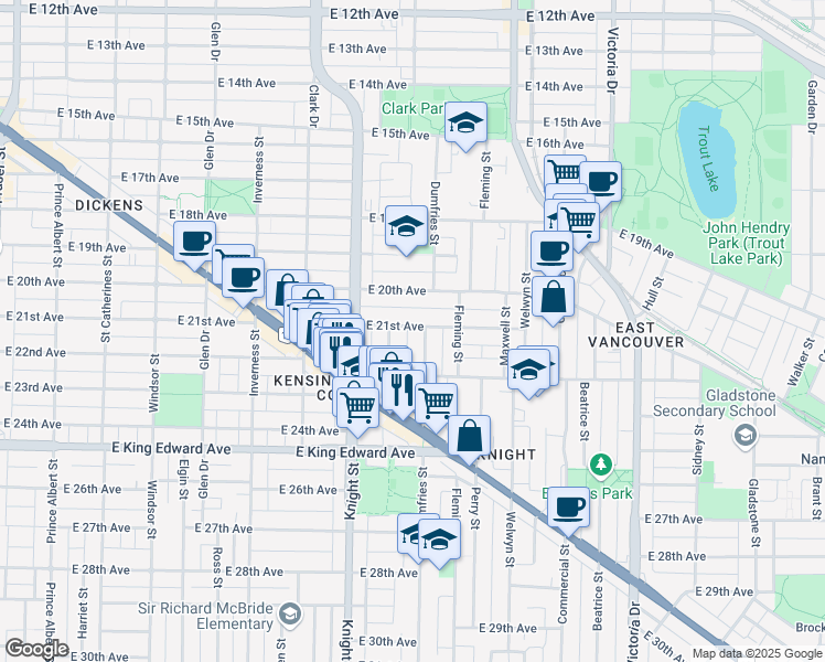 map of restaurants, bars, coffee shops, grocery stores, and more near 1468 East 21st Avenue in Vancouver