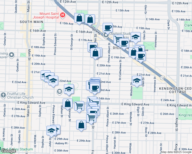 map of restaurants, bars, coffee shops, grocery stores, and more near 3738 Fraser Street in Vancouver