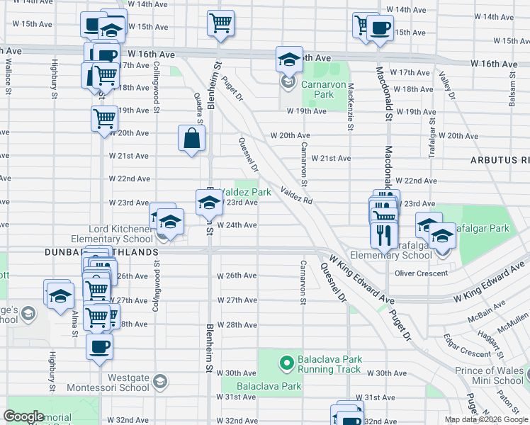 map of restaurants, bars, coffee shops, grocery stores, and more near 3178 West 23rd Avenue in Vancouver