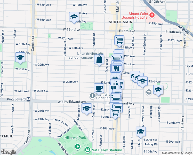 map of restaurants, bars, coffee shops, grocery stores, and more near 3732 Ontario Street in Vancouver