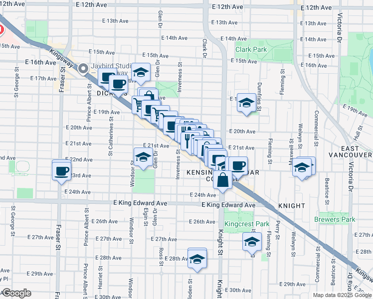 map of restaurants, bars, coffee shops, grocery stores, and more near in Vancouver