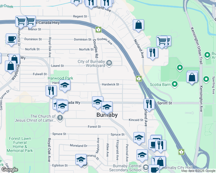 map of restaurants, bars, coffee shops, grocery stores, and more near 5710 Hardwick Street in Burnaby
