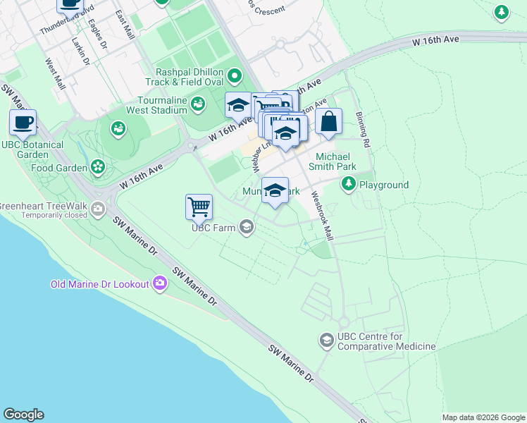 map of restaurants, bars, coffee shops, grocery stores, and more near 3462 Ross Drive in University Endowment Lands