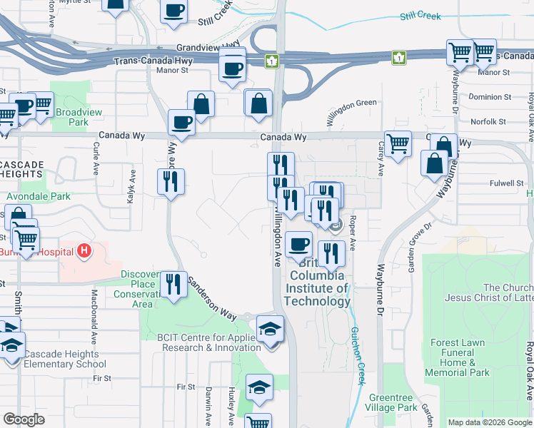 map of restaurants, bars, coffee shops, grocery stores, and more near 3633 Willingdon Avenue in Burnaby