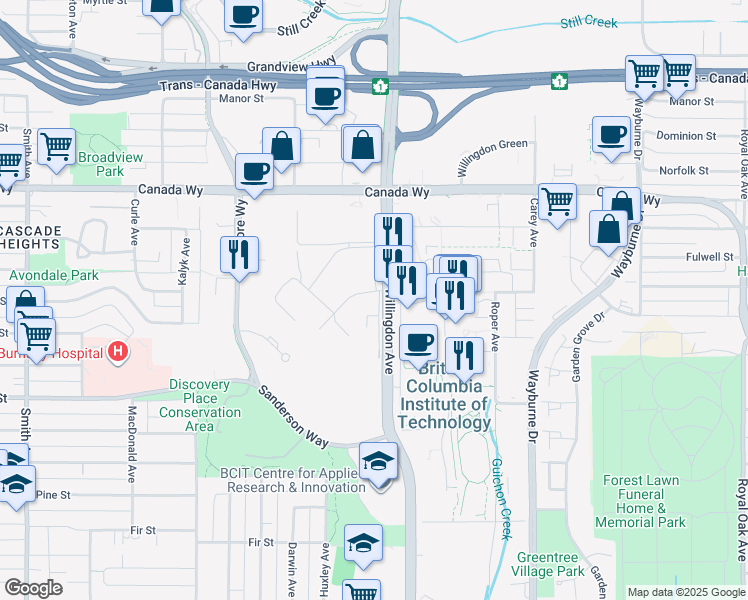 map of restaurants, bars, coffee shops, grocery stores, and more near 3633 Willingdon Avenue in Burnaby