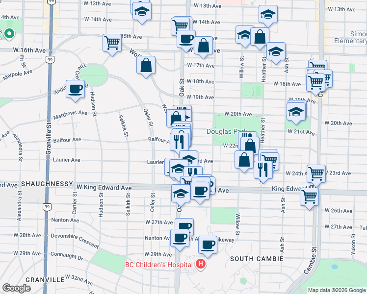 map of restaurants, bars, coffee shops, grocery stores, and more near 3820 Oak Street in Vancouver