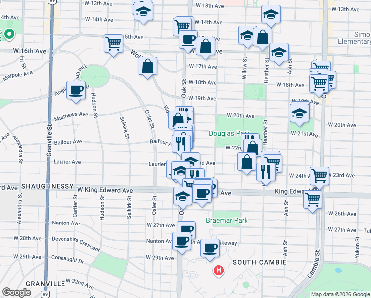 map of restaurants, bars, coffee shops, grocery stores, and more near 3820 Oak Street in Vancouver