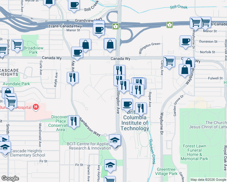 map of restaurants, bars, coffee shops, grocery stores, and more near 3755 Willingdon Ave in Burnaby
