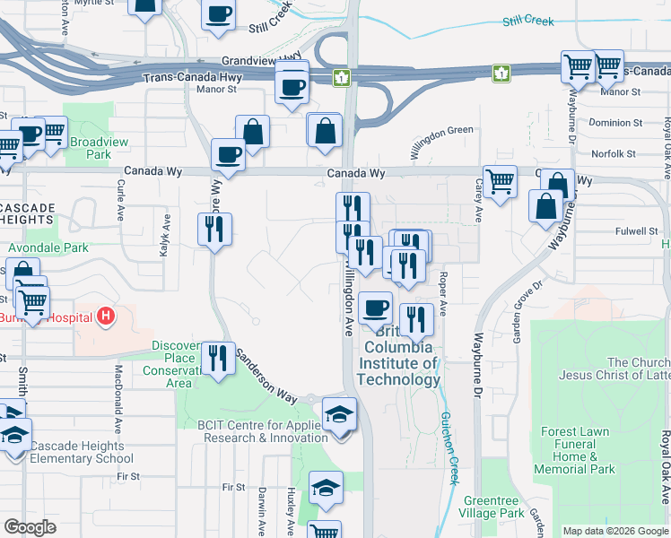 map of restaurants, bars, coffee shops, grocery stores, and more near 3633 Willingdon Avenue in Burnaby