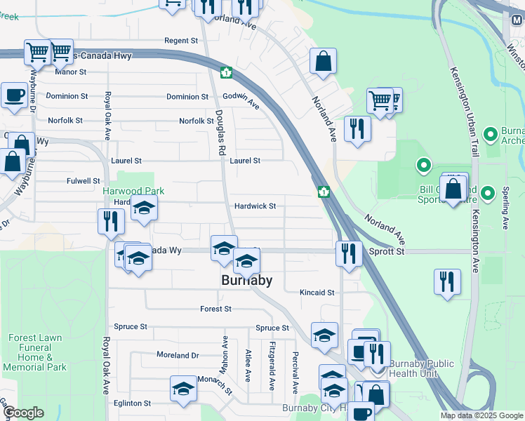 map of restaurants, bars, coffee shops, grocery stores, and more near 5792 Hardwick Street in Burnaby