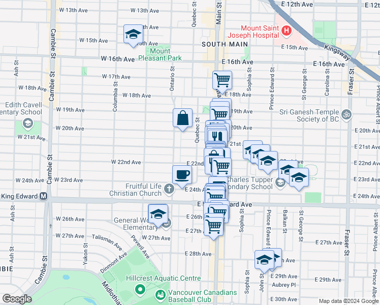 map of restaurants, bars, coffee shops, grocery stores, and more near in Vancouver