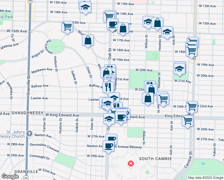 map of restaurants, bars, coffee shops, grocery stores, and more near 1009 Laurier Avenue in Vancouver