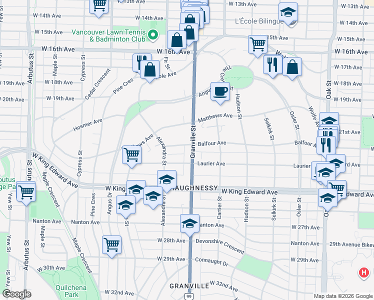 map of restaurants, bars, coffee shops, grocery stores, and more near in Vancouver