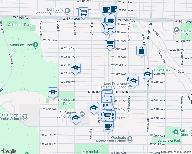 map of restaurants, bars, coffee shops, grocery stores, and more near 3752 West 23rd Avenue in Vancouver