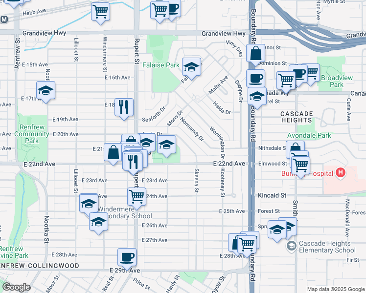 map of restaurants, bars, coffee shops, grocery stores, and more near 3470 Anzio Drive in Vancouver