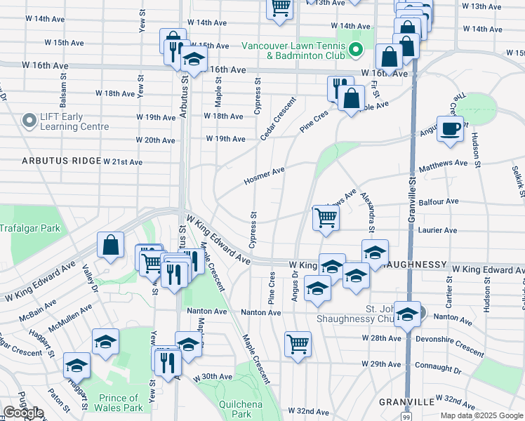 map of restaurants, bars, coffee shops, grocery stores, and more near 3838 Cypress Street in Vancouver