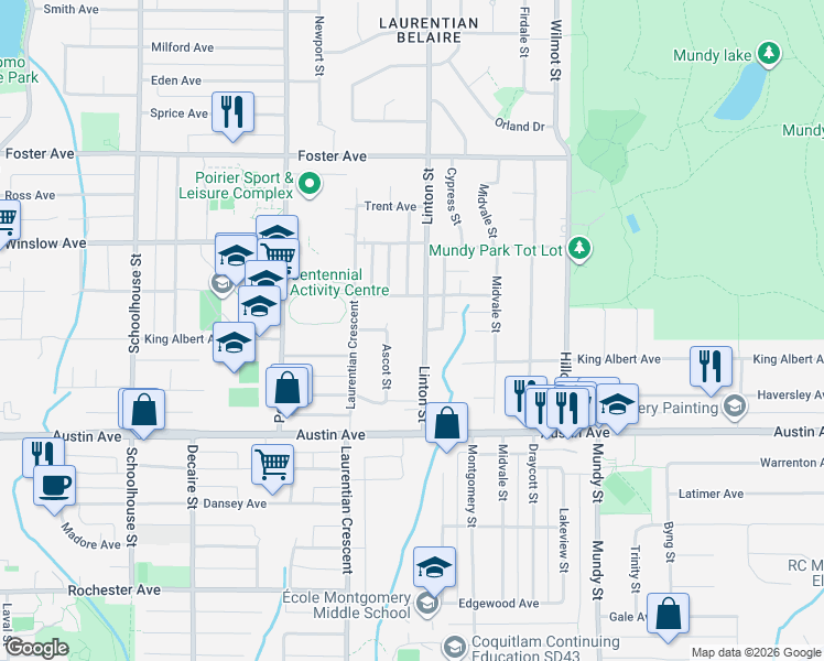 map of restaurants, bars, coffee shops, grocery stores, and more near 576 Linton Street in Coquitlam