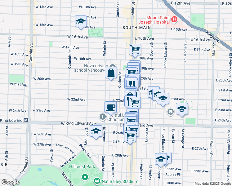 map of restaurants, bars, coffee shops, grocery stores, and more near 76 East 21st Avenue in Vancouver