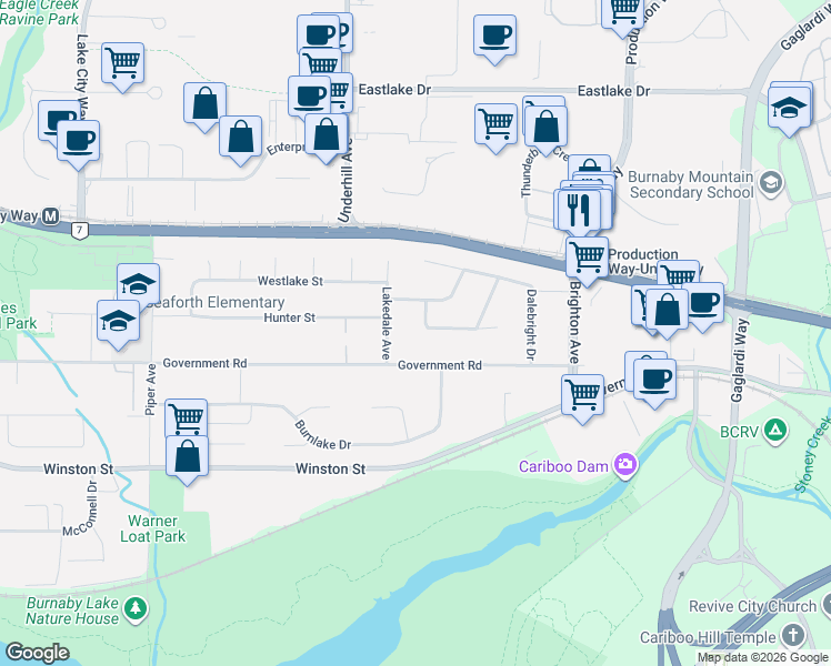 map of restaurants, bars, coffee shops, grocery stores, and more near in Burnaby