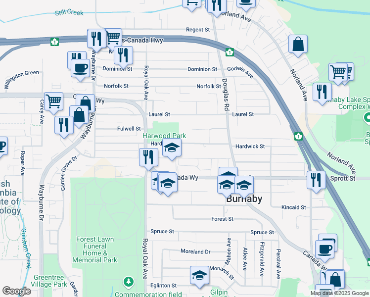 map of restaurants, bars, coffee shops, grocery stores, and more near 5416 Hardwick Street in Burnaby