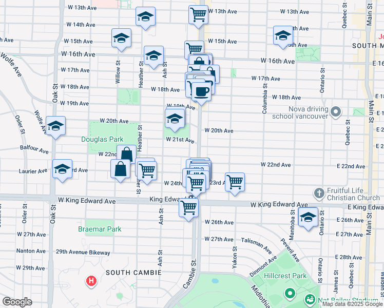 map of restaurants, bars, coffee shops, grocery stores, and more near 545 West 22nd Avenue in Vancouver