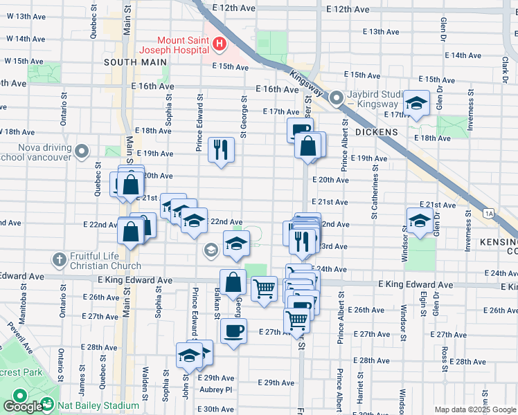 map of restaurants, bars, coffee shops, grocery stores, and more near 548 East 21st Avenue in Vancouver