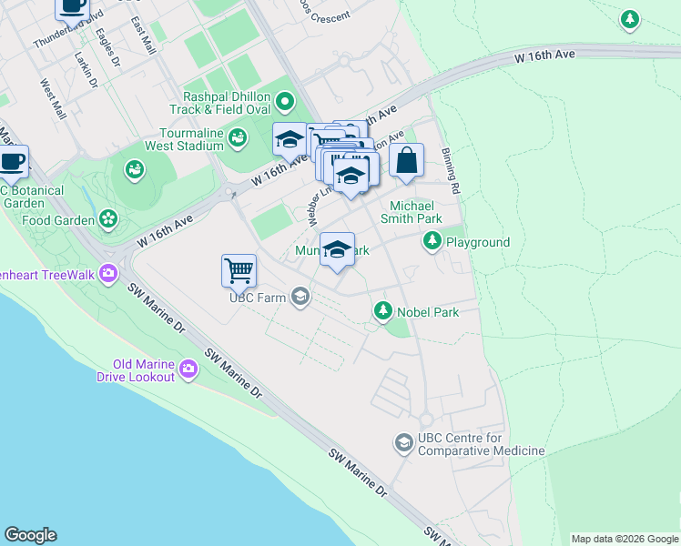 map of restaurants, bars, coffee shops, grocery stores, and more near 6033 Gray Avenue in University Endowment Lands