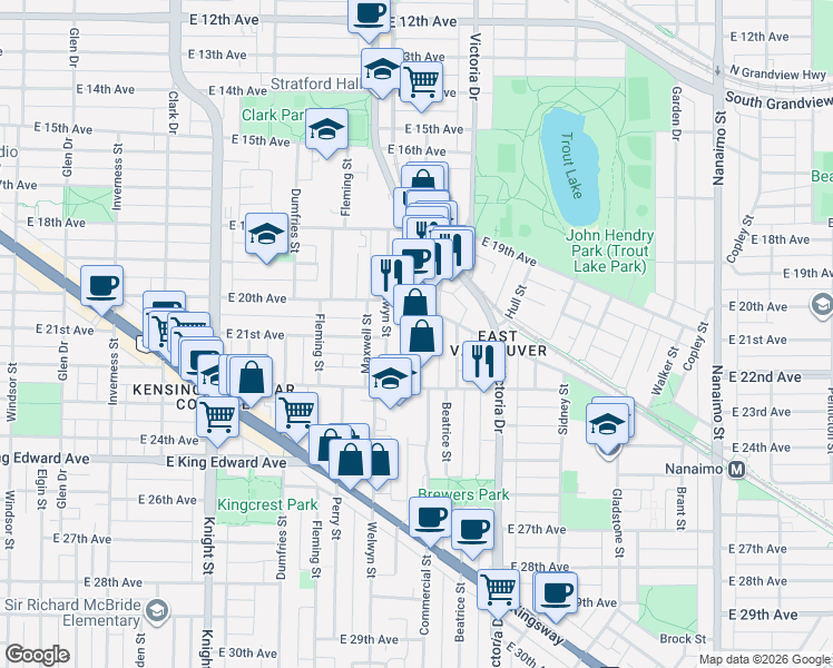 map of restaurants, bars, coffee shops, grocery stores, and more near in Vancouver