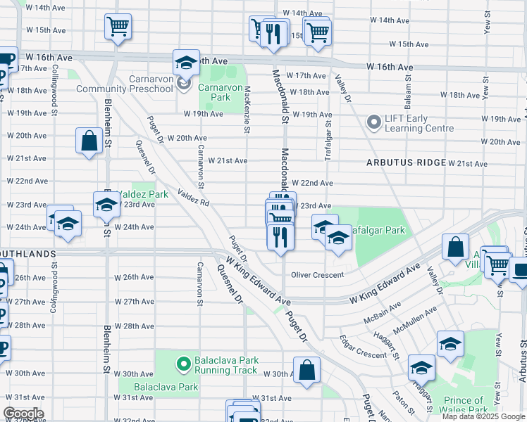 map of restaurants, bars, coffee shops, grocery stores, and more near 2856 West 23rd Avenue in Vancouver