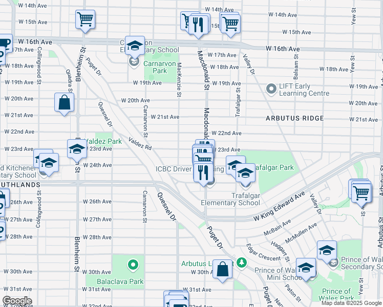 map of restaurants, bars, coffee shops, grocery stores, and more near 2856 West 23rd Avenue in Vancouver