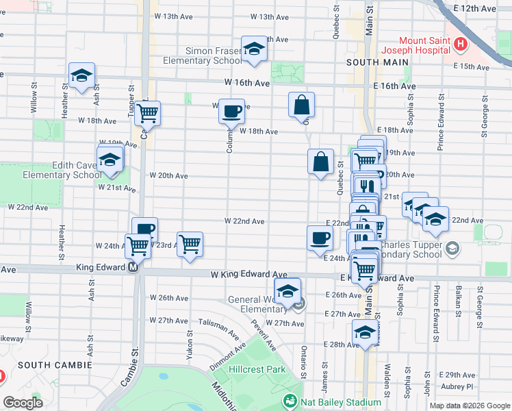 map of restaurants, bars, coffee shops, grocery stores, and more near 128 West 21st Avenue in Vancouver