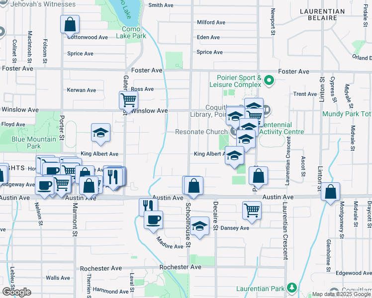 map of restaurants, bars, coffee shops, grocery stores, and more near 540 Schoolhouse Street in Coquitlam