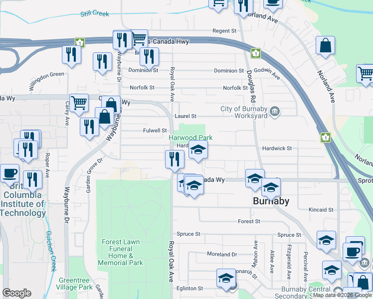 map of restaurants, bars, coffee shops, grocery stores, and more near 5288 Hardwick Street in Burnaby