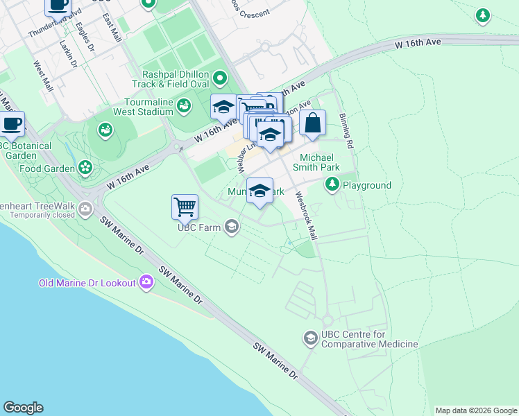 map of restaurants, bars, coffee shops, grocery stores, and more near in University Endowment Lands