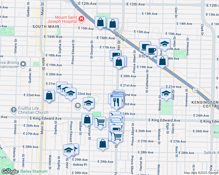 map of restaurants, bars, coffee shops, grocery stores, and more near 626 East 21st Avenue in Vancouver