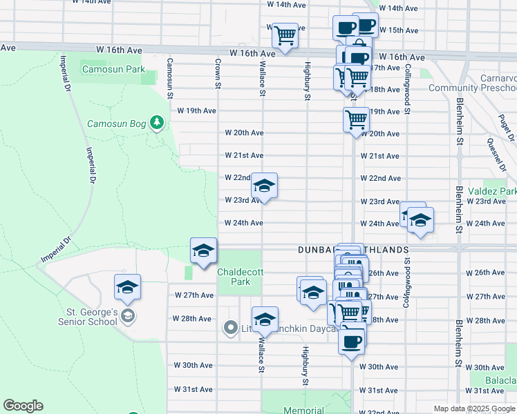 map of restaurants, bars, coffee shops, grocery stores, and more near 3904 West 23rd Avenue in Vancouver
