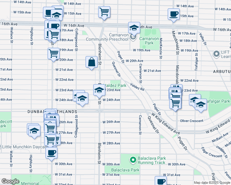 map of restaurants, bars, coffee shops, grocery stores, and more near 3222 West 23rd Avenue in Vancouver