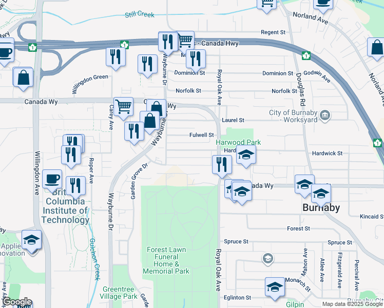 map of restaurants, bars, coffee shops, grocery stores, and more near 5030 Hardwick Street in Burnaby