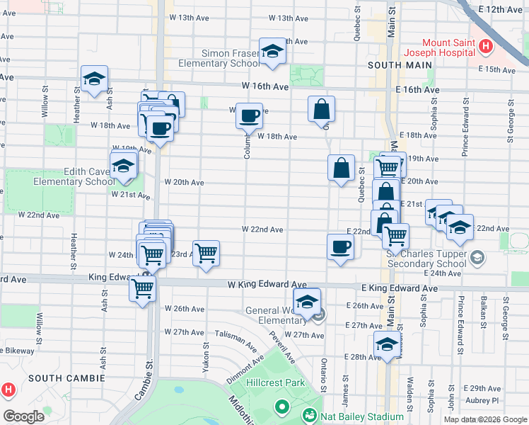 map of restaurants, bars, coffee shops, grocery stores, and more near 156 West 21st Avenue in Vancouver