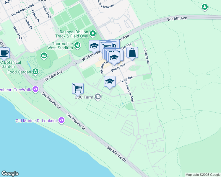 map of restaurants, bars, coffee shops, grocery stores, and more near 6033 Gray Avenue in University Endowment Lands