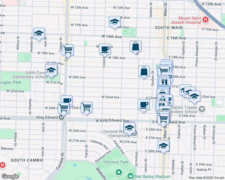 map of restaurants, bars, coffee shops, grocery stores, and more near 146 West 21st Avenue in Vancouver